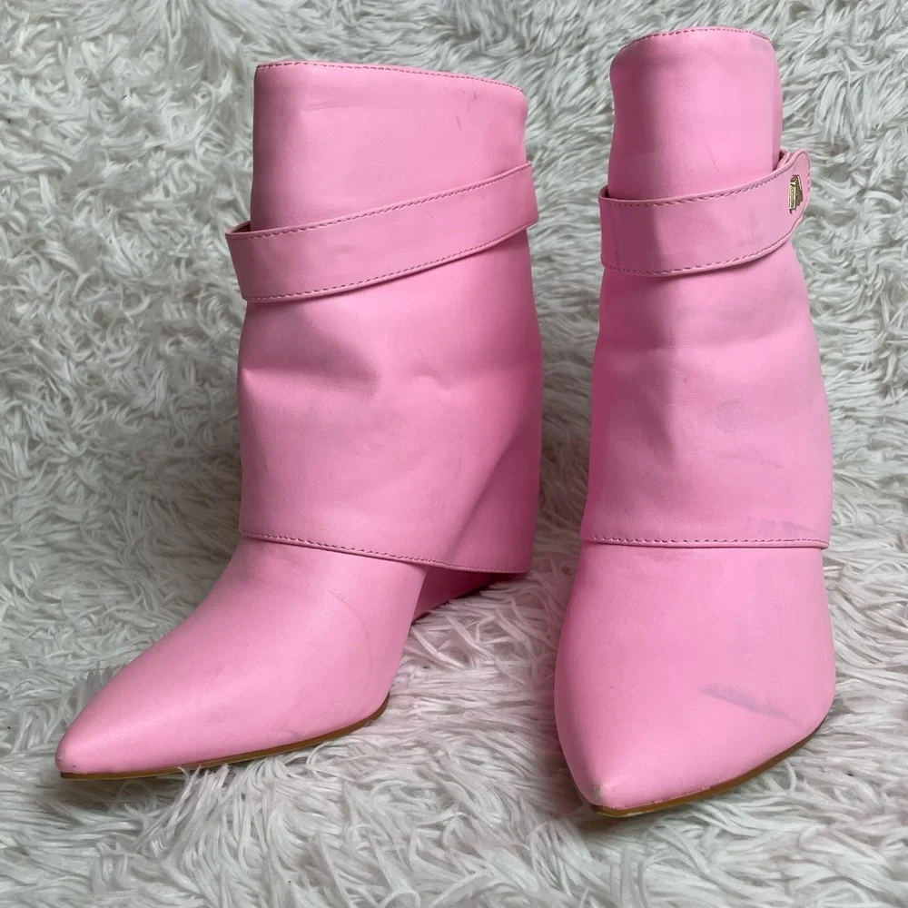 Azalea Wang Pink Foldover Ankle Boots Marley Faux Leather Dolls Kill - Picture 3 of 15